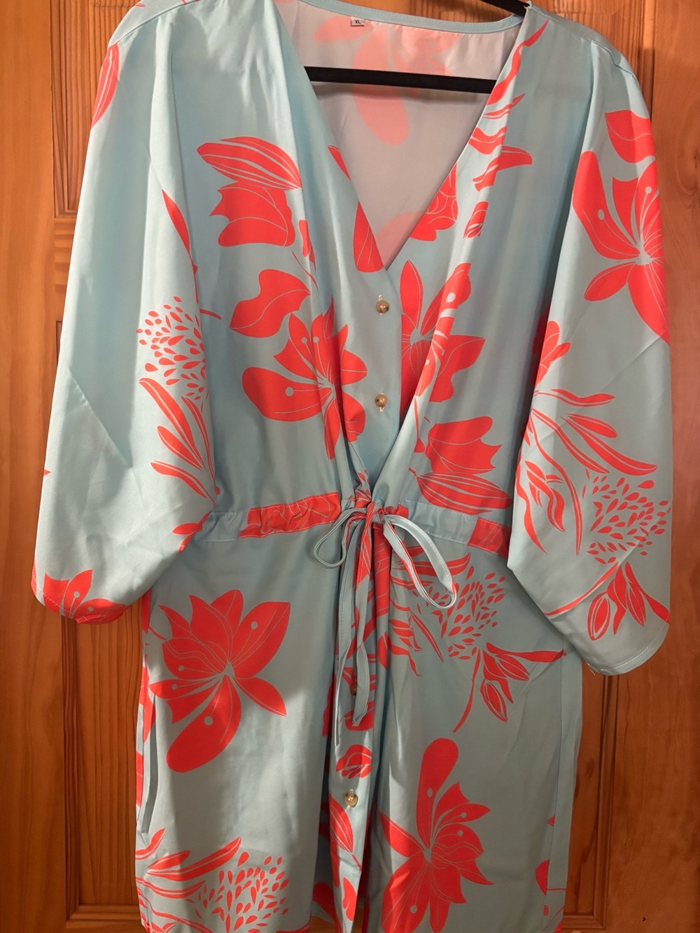 Light Blue Floral Tie-Waist Swim Coverup with Coral Print size XL